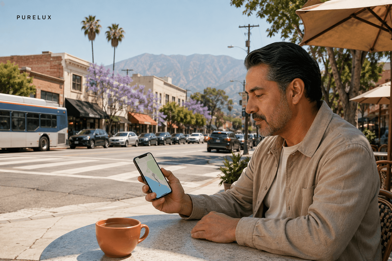 A guest checking a route beside a Los Angeles streetscape before visiting a studio
