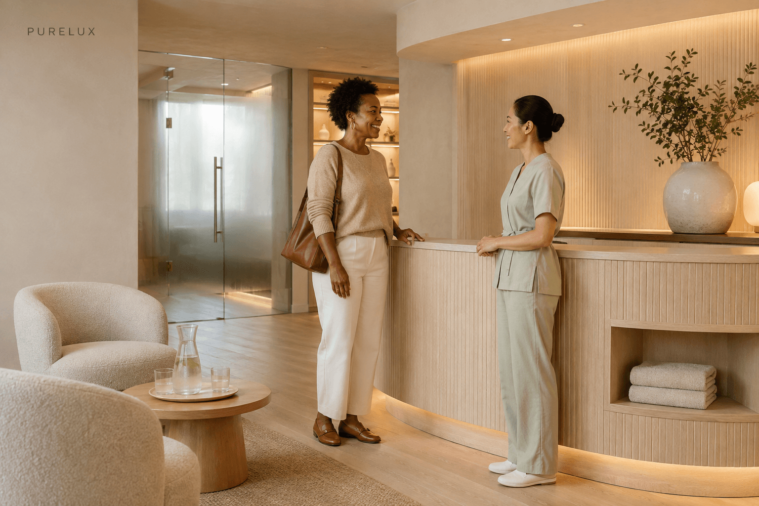 A guest speaking with a spa professional at a warm reception desk